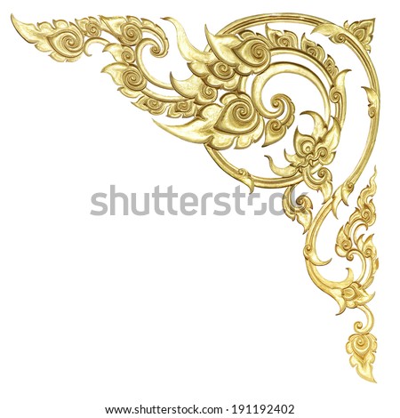 old antique gold frame Stucco walls Thai style pattern isolated on white background with clipping path. 