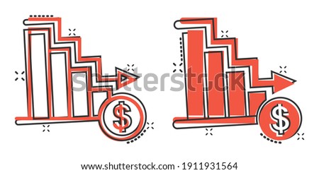 Market trend icon in comic style. Decline arrow with magnifier cartoon vector illustration on white isolated background. Decrease splash effect business concept.