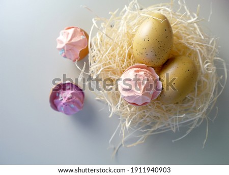 Bird eggs in a nest and Pink Meringues in eggshells, easter spring still life, selective focus, copy space. High quality photo