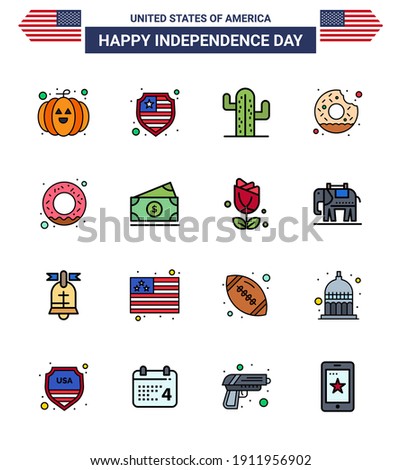16 USA Flat Filled Line Signs Independence Day Celebration Symbols of dollar; food; plent; donut; yummy Editable USA Day Vector Design Elements