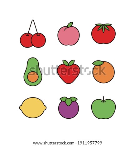 Various types of fruits illustration icon set. Cherry, apple, strawberry, peach, tomato, avocado, orange, lemon, mangosteen.