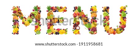 Creative concept of healthy diet, word MENU made of different fruits and berries isolated on white background, banner design of healthy food ingredients