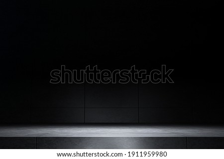 cement floor and wall in the dark backgrounds, shelf display products. 3d render