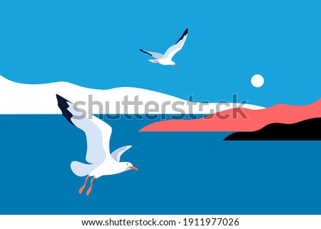 Landscape with gulls. Sea, islands, sky, sun, flaying seagulls. Vector illustration Royalty-Free Stock Photo #1911977026