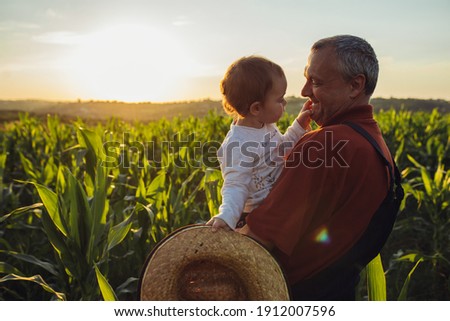 Happy family in corn field. Family standing in corn field an looking at sun rise Royalty-Free Stock Photo #1912007596