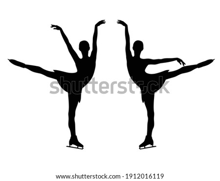 elegant slim woman performing figure skating sport exercise - beautiful girl in motion black vector silhouette set
