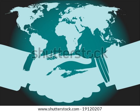 Vector illustration of shaking hands in front of world map.