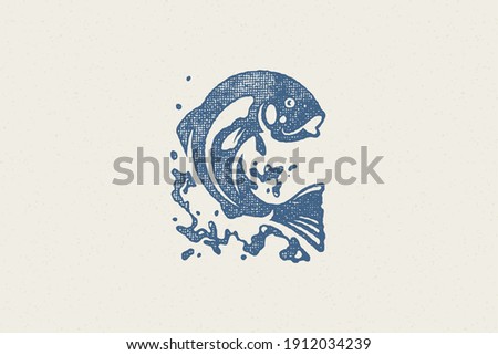 Fish jumping out from water silhouette for fishing club or seafood market hand drawn stamp effect vector illustration. Vintage grunge texture emblem for package and menu design or label decoration.
