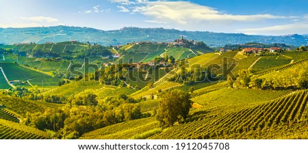 Langhe vineyards landscape and Castiglione Falletto village panorama, Unesco Site, Piedmont, Northern Italy Europe. Royalty-Free Stock Photo #1912045708