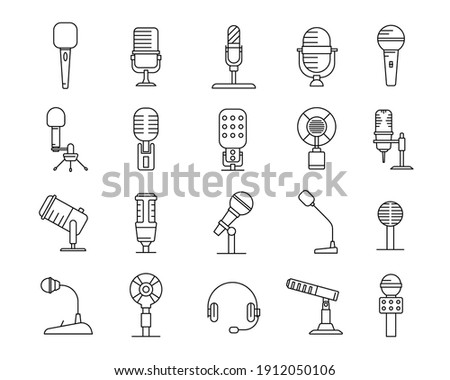 Microphone linear icons set. Equipment for podcasts, concerts, and speakers. Simple design for websites and mobile apps. Vector illustration isolated on a white background.