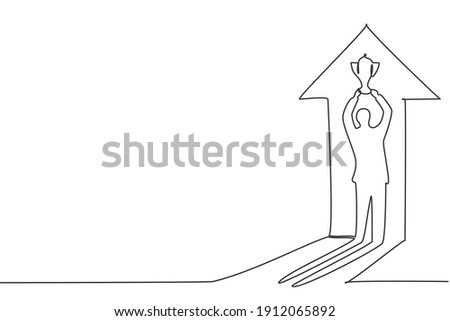 Continuous one line drawing of young male winner shadow on the wall holding the trophy up. Success champion athlete minimalist concept. Trendy single line draw design vector graphic illustration