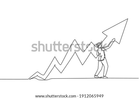 Continuous one line drawing of young male worker mark the sales increase up at the report graph. Success business manager minimalist concept. Trendy single line draw design vector graphic illustration