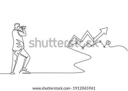 Single continuous line drawing young entrepreneur looking for sales graph increase target. Professional businessman vision. Minimalism concept dynamic one line draw graphic design vector illustration