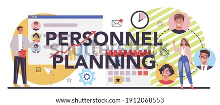 Personnel planning typographic header. Idea of recruitment and job management. Human resources management. HR manager occupation. Flat vector illustration