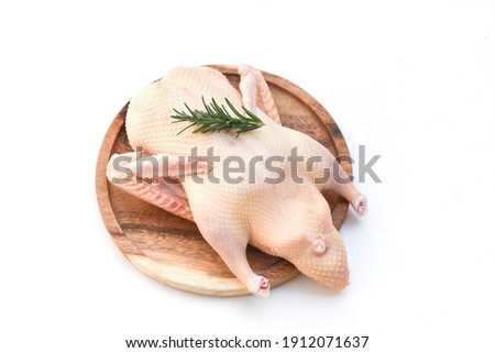 Raw duck isolated on white background, Fresh duck meat on wooden tray for food, Whole duck
