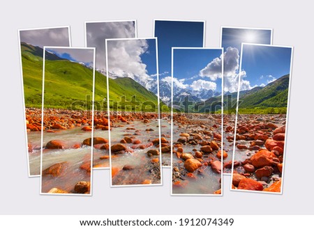 Isolated eight frames collage of picture of  mountain stream in Georgia. Picturesque summer scene of Upper Svaneti, Europe. Mock-up of modular photo.
