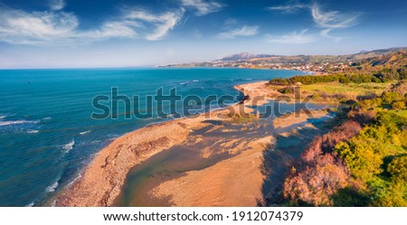 Aerial landscape photography. Stunning spring view of Sciacca town, province of Agrigento, southwestern coast of Sicily, Italy, Europe. Splendid morning seascape of Mediterranean sea. 