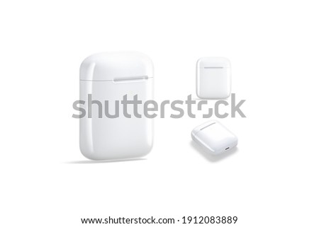 Blank white closed headphones case mockup, different views, 3d rendering. Empty wireless box for earpieces mock up, isolated. Clear portable accessory for phone music template.