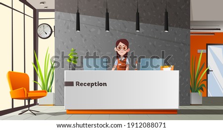 Young woman, reception desk. Interior design office Royalty-Free Stock Photo #1912088071