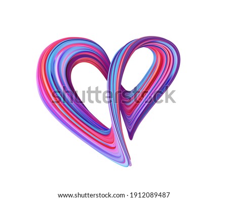3d render, abstract twisted moebius ribbon in the shape of a heart. Colorful lines, strings and loops. Modern romantic symbol clip art isolated on white background