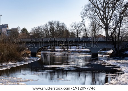 View over Ronne river in the heart of Angelholm on the Swedish west coast during winter.