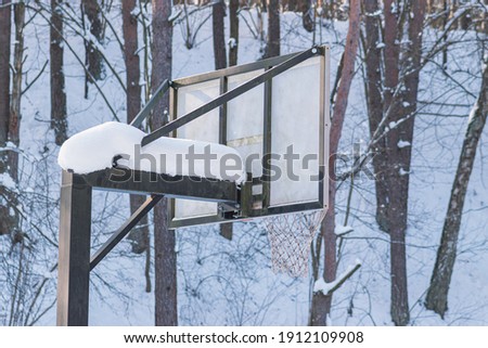 Recreation concept. Basketball board covered with snow standing in courts during winter time. Pine tree forest background in winter