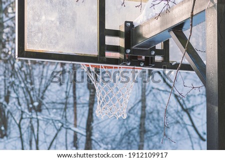 Recreation concept. Basketball board covered with snow standing in courts during winter time. Winter forest in blurred background