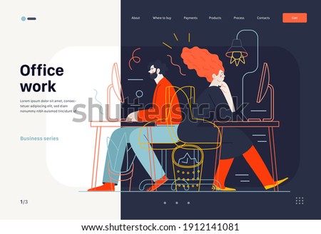 Business topics - office work, web template. Flat style modern outlined vector concept illustration. Man and woman sitting and working at the office desks with desktop computers. Business metaphor. Royalty-Free Stock Photo #1912141081