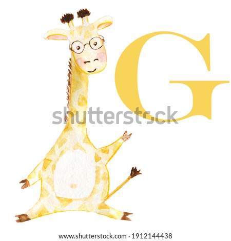 Watercolor giraffe . English alphabet with animals. Children's illustration.