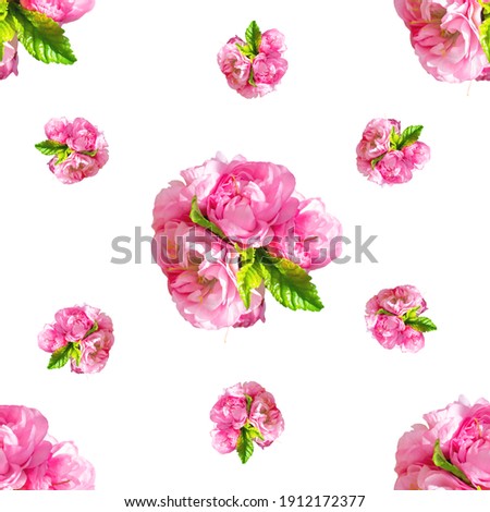 Seamless floral pattern background, isolated on white. Spring blooming delicate purple flowers of almonds, cherries, roses, peonies. Beautiful design for card, wrapping paper, textile print, napkins.