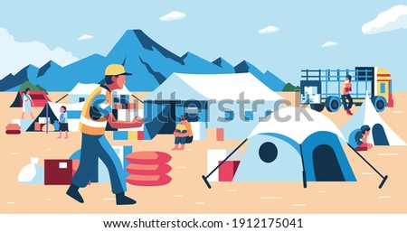 refugee camp for refugees victims of natural disasters, many people doing activities in the camp, tent for sleep and volunter the basic needs of the refugees Royalty-Free Stock Photo #1912175041