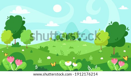 Spring landscape with trees, mountains, fields, flowers. Vector illustration. Royalty-Free Stock Photo #1912176214