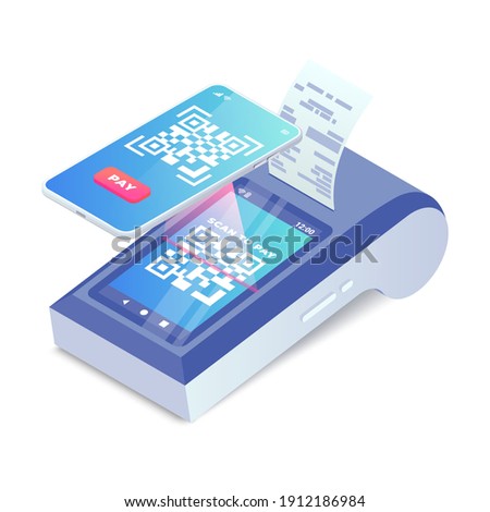 Isometric Cashless Payment machine with qr code on screen, smartphone scan to pay barcode vector concept. 3d Contactless payment, smart terminal with online cash desk print receipt