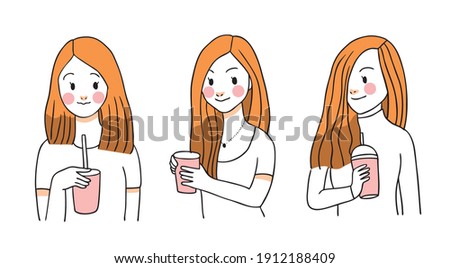Lovely woman drink coffee, Hand draw cartoon cute vector.