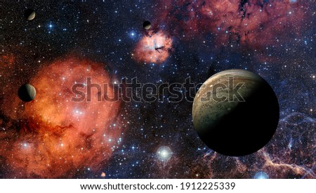 View of Jupiter, the fifth planet of the Solar System, with nebula and galaxy. Elements of this image furnished by NASA. Science fiction wallpaper.
