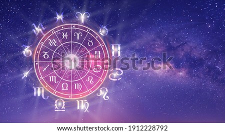 Astrological zodiac signs inside of horoscope circle. Astrology, knowledge of stars in the sky over the milky way and moon. The power of the universe concept. Royalty-Free Stock Photo #1912228792