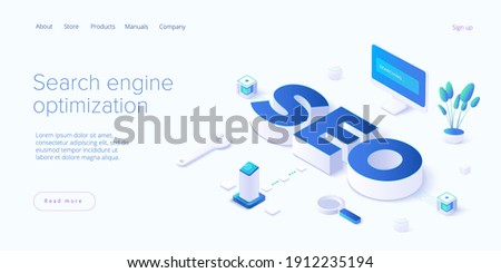SEO development isometric vector illustration. Website or webpage development concept. Search engine optimization for business purposes. Royalty-Free Stock Photo #1912235194