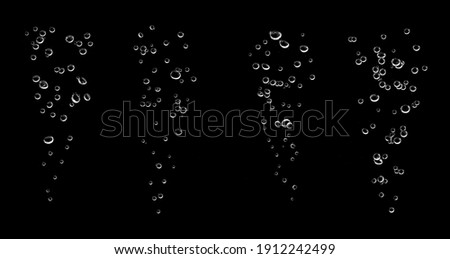 Set water bubble white oxygen air, in underwater clear liquid with bubbles flowing up on the water surface, isolated on a black background