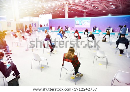 Business conference in pandemic with social distance Royalty-Free Stock Photo #1912242757