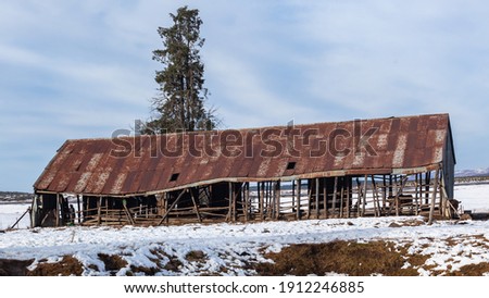 Rural mountains farm old fragile wood barn structure sheet metal rusty roof in winter snow panoramic landscape.