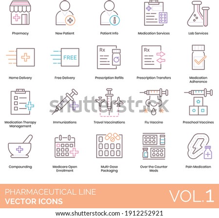 Pharmaceutical line icons including pharmacy, new patient, lab, home delivery, prescription refill, transfer, adherence, therapy management, travel vaccination, flu vaccine, preschool, compounding. Royalty-Free Stock Photo #1912252921