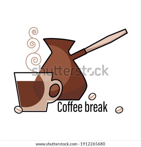 Coffee break. Coffee cezve, cup and coffee beans. Icon, emblem. Coffee time. Linear symbol for web and mobile phone on white background. Vector graphic illustration.