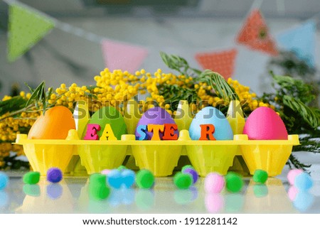 Letters Easter Background Colored Eggs. Postcard. Family Tradition Concept. Selective focus