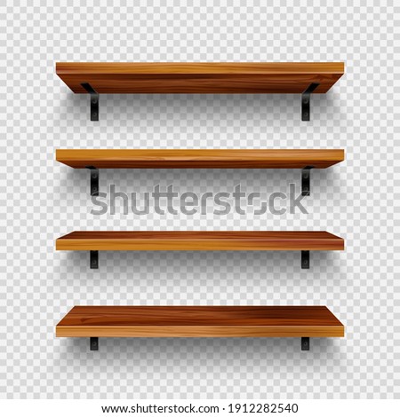 Realistic empty wooden store shelves set. Product shelf with wood texture and black wall mount. Grocery rack. Vector illustration. Royalty-Free Stock Photo #1912282540