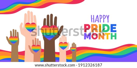 happy pride month lgbt multiracial hands with hearts vector illustration Royalty-Free Stock Photo #1912326187