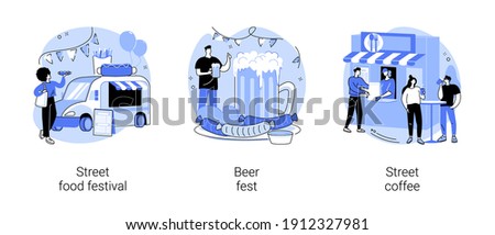 Urban culinary event abstract concept vector illustration set. Street food festival, beer fest, street coffee, food truck, hot drinks, craft brewing, neighbourhood entertainment abstract metaphor.