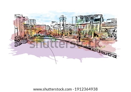 Building view with landmark of Curitiba is the capital of the southern Brazil. Watercolor splash with hand drawn sketch illustration in vector.