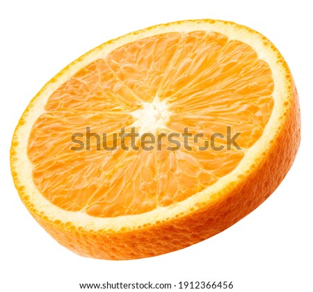 Slice of orange fruit isolated on white background Royalty-Free Stock Photo #1912366456