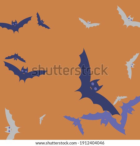 Night Spooky Gothic Print Halloween Art Illustration. Violet Eyes Orange Scary Sky Bats Vector Background. Retro Chaos Motion Colorful Background. Creepy Attack Purple Grey Art Flying Bats Fabrics.