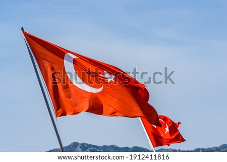 Red turkish flag with crescent and star waving against sky